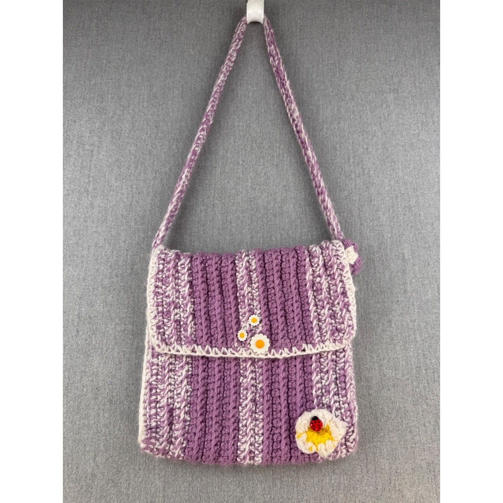 Handmade Crochet Crossbody Bag Purple White Daisy Ladybug Cottagecore Boho